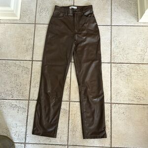 High-Rise Faux Leather Straight Leg Pants - Brown
